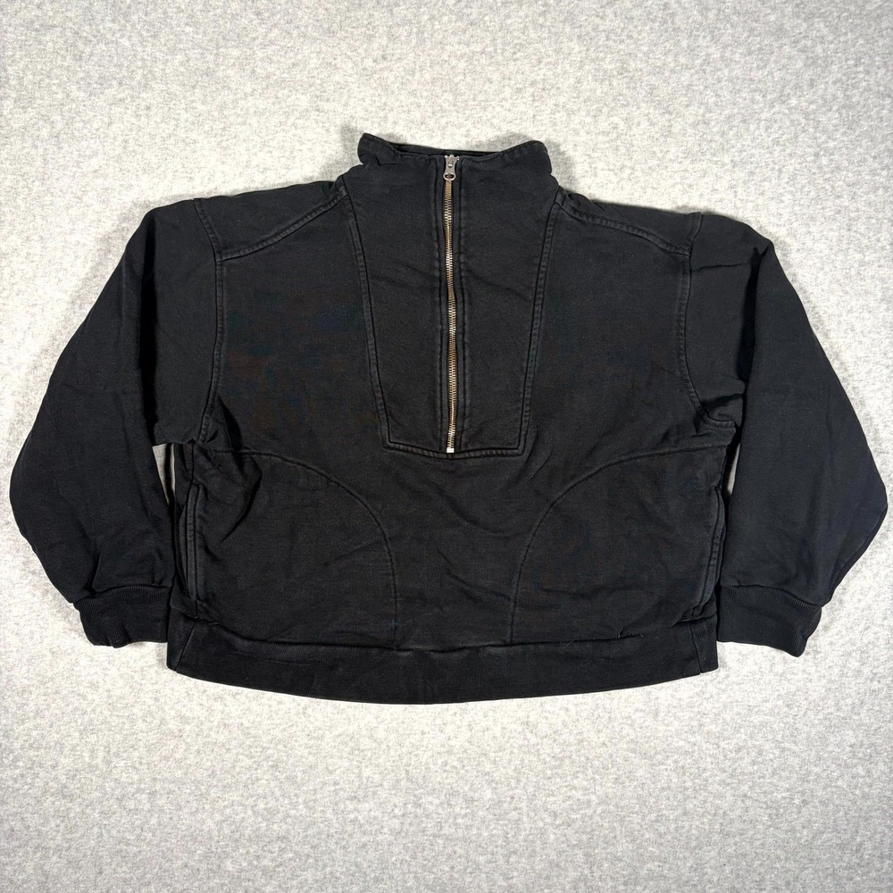 Everlane Cropped Sweatshirt Women Medium Black Cotton Athletic 1/4 Zip Mock Neck - Picture 1 of 10